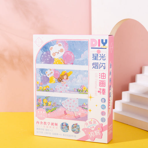 Pasteles al óleo infantiles con purpurina artesanal.