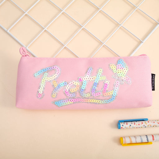 Estuche para lápices triangular grande con letras de lentejuelas
