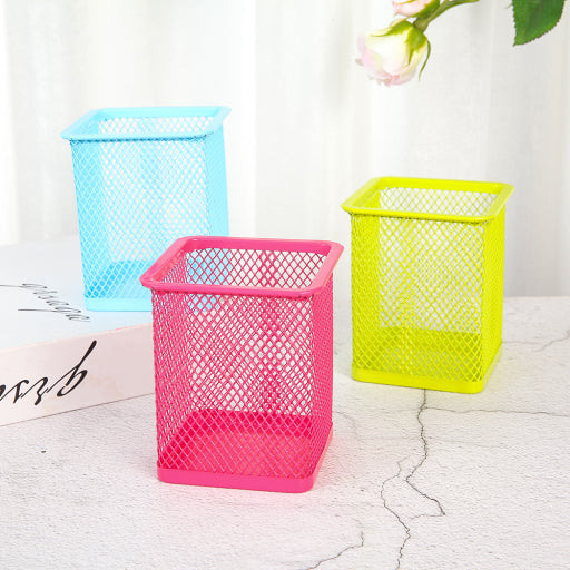 Portalápices cuadrado de metal azul claro