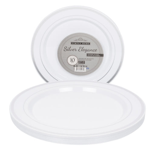 Juego De Platos De 10 Piezas: Blanco Con Borde Plateado