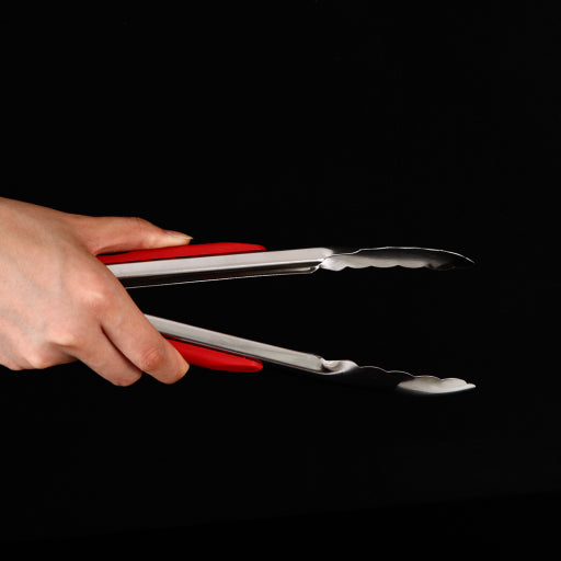 Pinzas para parrilla de alimentos de acero inoxidable con mango rojo