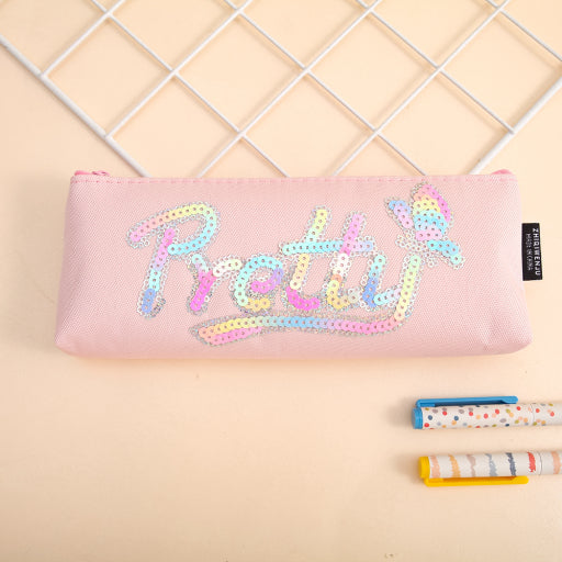 Estuche para lápices triangular grande con letras de lentejuelas